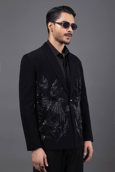 Kaka Calcutta_Black Wool Embroidery Parrot Tuxedo And Pant Set _at_Aza_Fashions