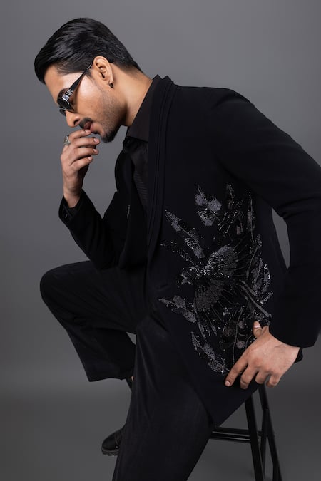 Buy_Kaka Calcutta_Black Wool Embroidery Parrot Tuxedo And Pant Set 