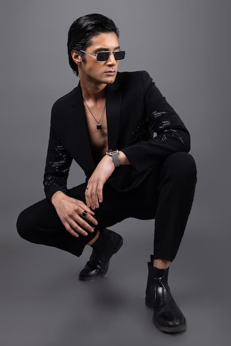 Kaka Calcutta_Black Suede Cracker Tuxedo And Pant Set _Online_at_Aza_Fashions