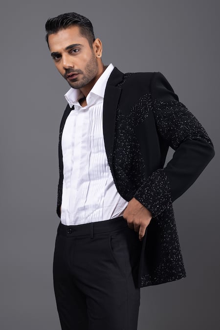 Buy_Kaka Calcutta_Black Wool Embroidery Zardozi Tuxedo And Pant Set _Online_at_Aza_Fashions