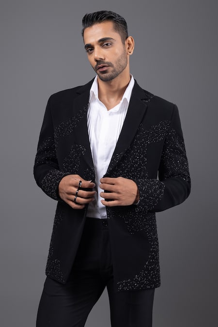 Shop_Kaka Calcutta_Black Wool Embroidery Zardozi Tuxedo And Pant Set _Online_at_Aza_Fashions