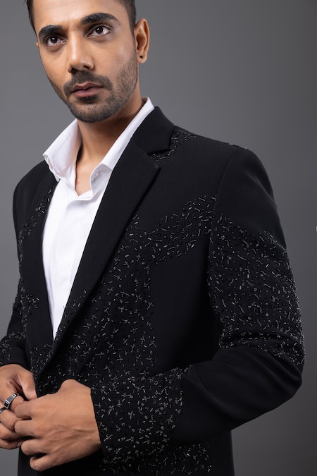 Kaka Calcutta_Black Wool Embroidery Zardozi Tuxedo And Pant Set _at_Aza_Fashions