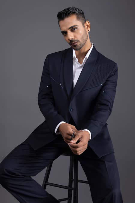 Buy Kaka Calcutta Blue Film Pintuck Tuxedo And Pant Set Online at Aza Fashions Buy_Kaka Calcutta_Blue Film Pintuck Tuxedo And Pant Set _Online_at_Aza_Fashions