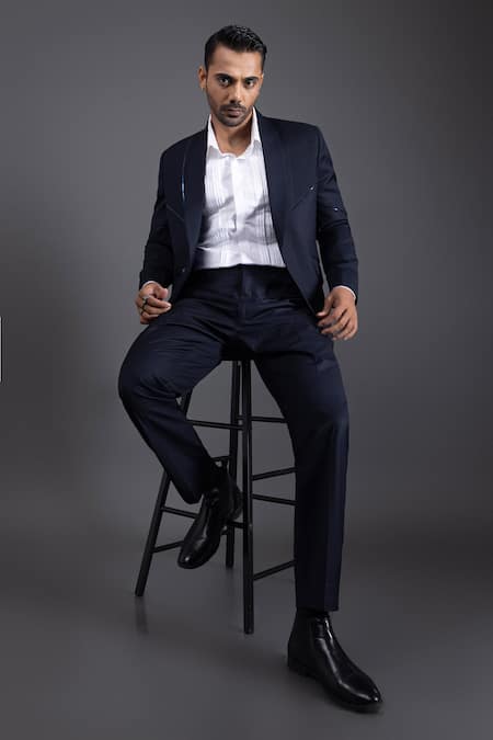 Kaka Calcutta Blue Film Pintuck Tuxedo And Pant Set