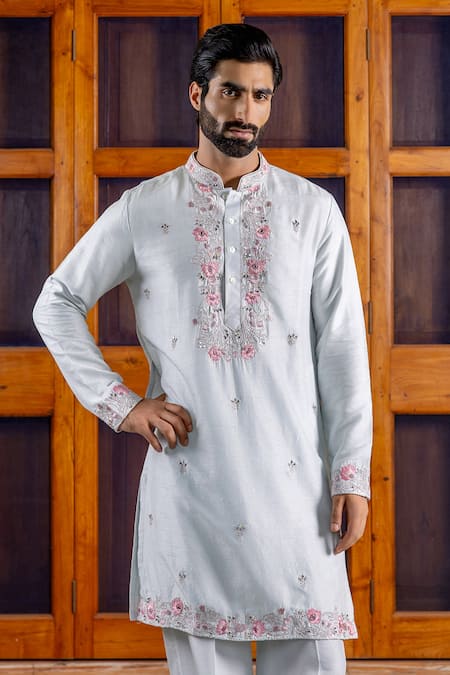 Shop_Nafs_Blue Tussar, Silk Mirrors Ferozi Kurta And Pant Set _at_Aza_Fashions