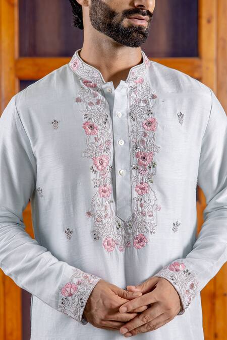 Nafs_Blue Tussar, Silk Mirrors Ferozi Kurta And Pant Set _Online_at_Aza_Fashions