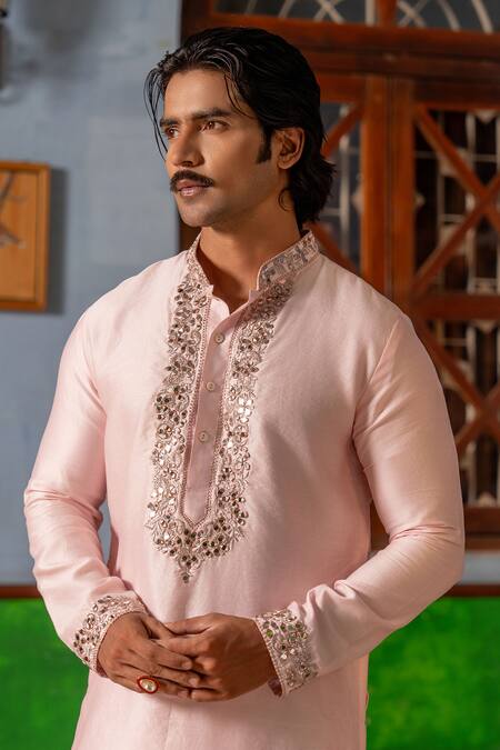 Nafs_Pink Tussar, Silk Mirrors, Zari Kurta And Pant Set _Online_at_Aza_Fashions