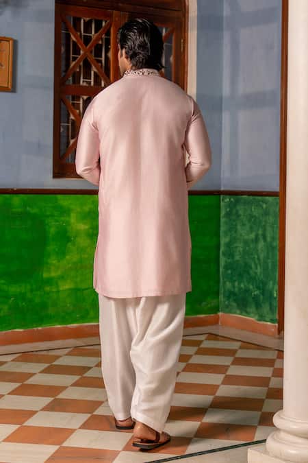 Shop_Nafs_Pink Tussar, Silk Mirrors, Zari Kurta And Pant Set _at_Aza_Fashions