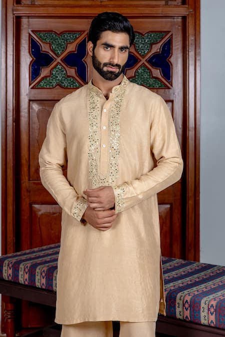 Nafs_Beige Tussar, Silk Mirrors, Zari Kurta And Pant Set _Online_at_Aza_Fashions