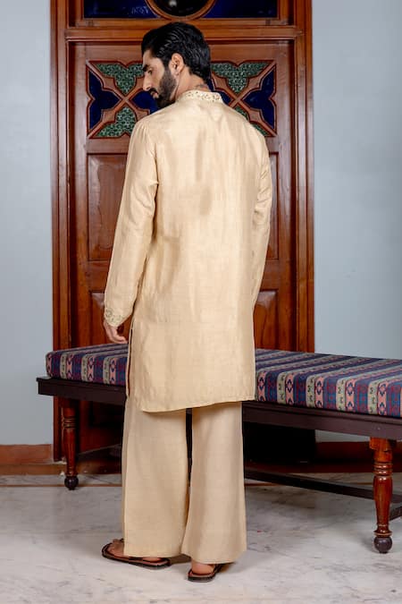 Shop_Nafs_Beige Tussar, Silk Mirrors, Zari Kurta And Pant Set _at_Aza_Fashions