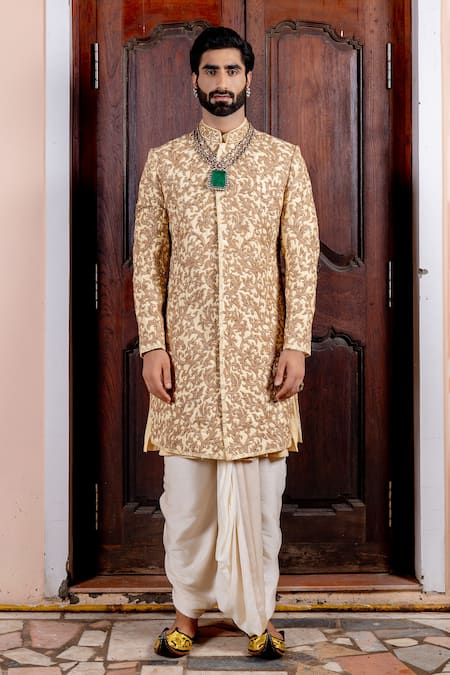 Nafs Beige Tussar, Bemberg Zari Silk Sherwani And Dhoti Pant