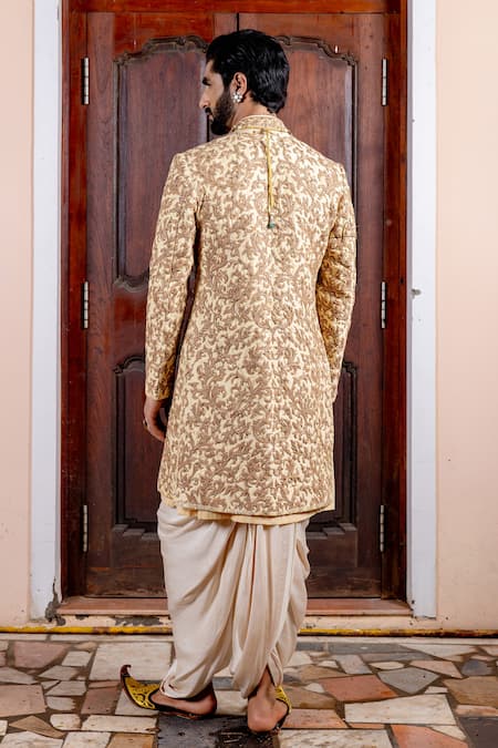 Shop Nafs Beige Tussar, Bemberg Zari Silk Sherwani And Dhoti Pant at Aza Fashions Shop_Nafs_Beige Tussar, Bemberg Zari Silk Sherwani And Dhoti Pant _at_Aza_Fashions