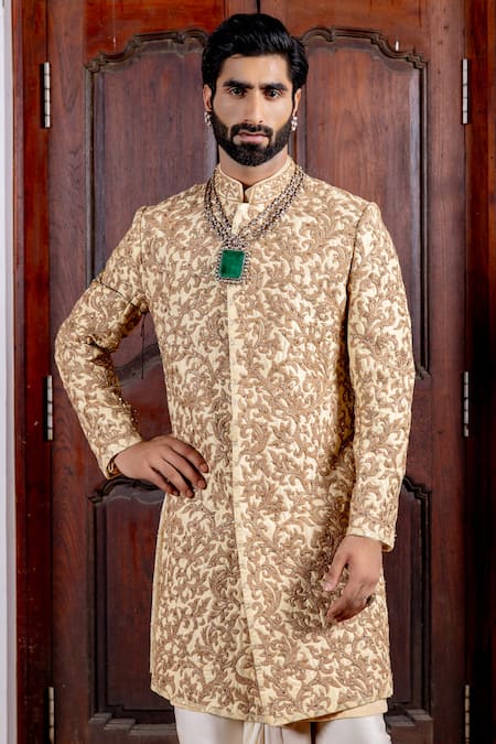 Nafs Beige Tussar, Bemberg Zari Silk Sherwani And Dhoti Pant Online at Aza Fashions Nafs_Beige Tussar, Bemberg Zari Silk Sherwani And Dhoti Pant _Online_at_Aza_Fashions