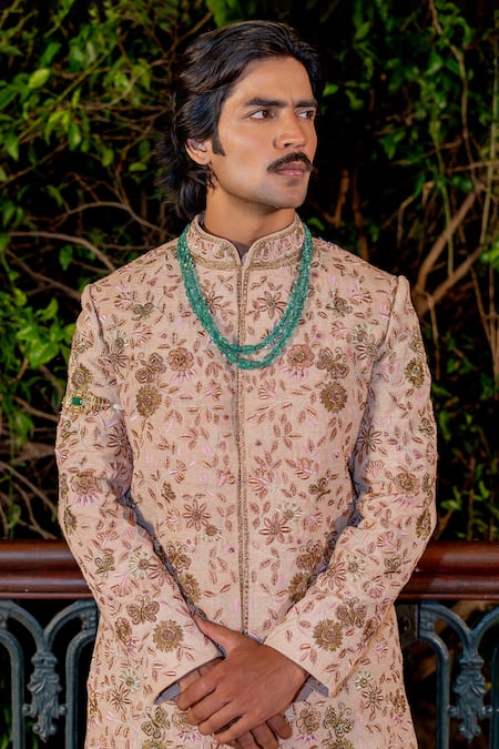 Nafs Beige Silk Embroidery Floral Matka Sherwani Set Online at Aza Fashions Nafs_Beige Silk Embroidery Floral Matka Sherwani Set _Online_at_Aza_Fashions