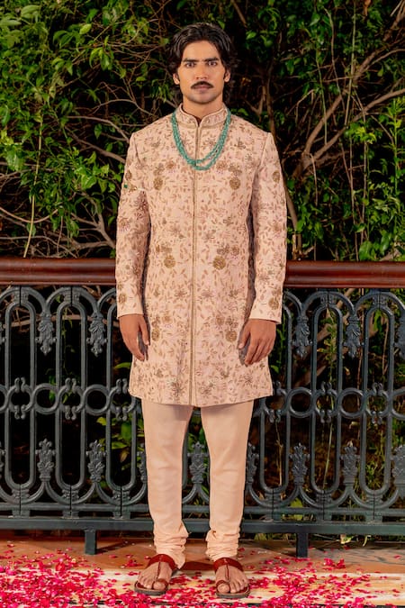 Shop Nafs Beige Silk Embroidery Floral Matka Sherwani Set at Aza Fashions Shop_Nafs_Beige Silk Embroidery Floral Matka Sherwani Set _at_Aza_Fashions