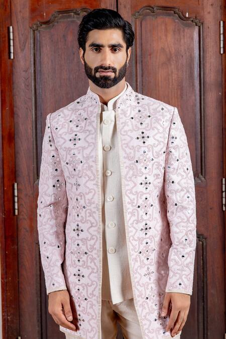 Nafs_Pink Tussar, Tissue Embroidery, Mirrors Silk Jacket And Bundi Set _Online_at_Aza_Fashions