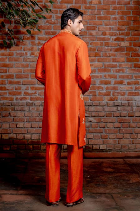 Nafs_Orange Tussar Embroidery, Mirrors Rust Silk Kurta And Pant Set _Online_at_Aza_Fashions