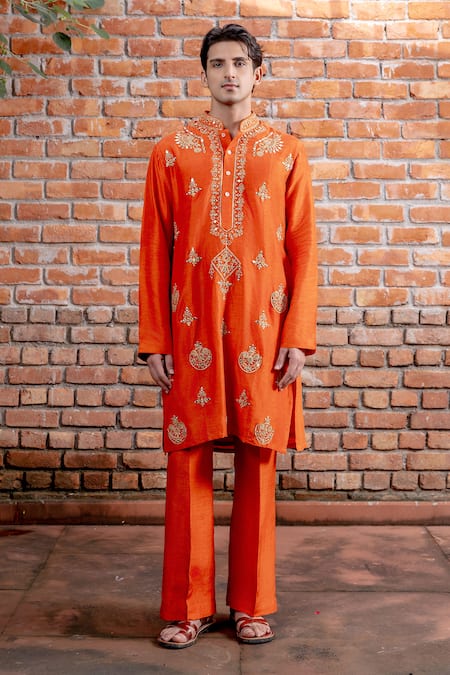 Buy_Nafs_Orange Tussar Embroidery, Mirrors Rust Silk Kurta And Pant Set _Online_at_Aza_Fashions