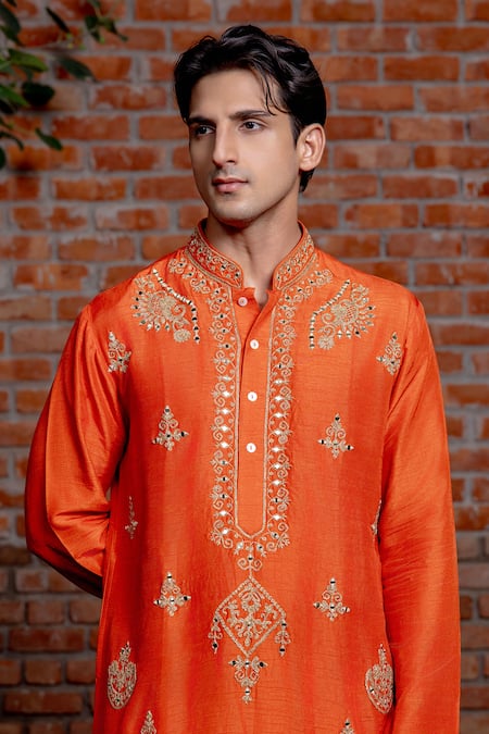 Shop_Nafs_Orange Tussar Embroidery, Mirrors Rust Silk Kurta And Pant Set _Online_at_Aza_Fashions