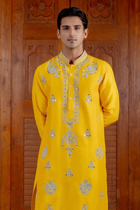 Nafs_Yellow Tussar, Silk Embroidery Sunflower Kurta And Pant Set _Online_at_Aza_Fashions