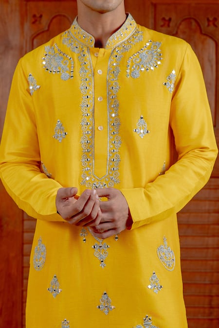Buy_Nafs_Yellow Tussar, Silk Embroidery Sunflower Kurta And Pant Set _Online_at_Aza_Fashions