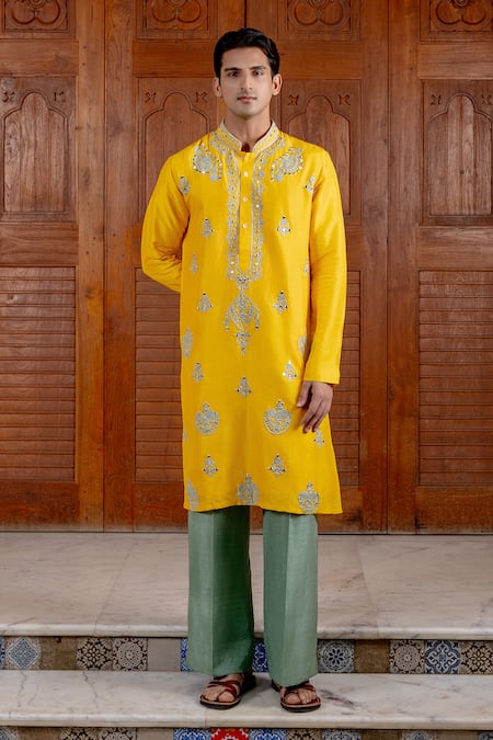 Shop_Nafs_Yellow Tussar, Silk Embroidery Sunflower Kurta And Pant Set _Online_at_Aza_Fashions