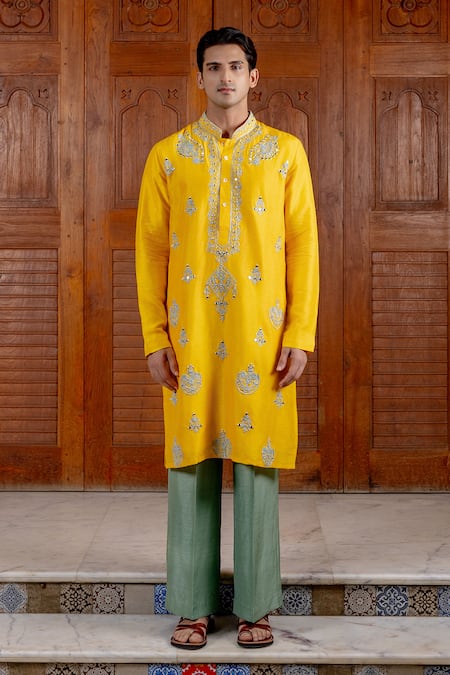 Nafs_Yellow Tussar, Silk Embroidery Sunflower Kurta And Pant Set _at_Aza_Fashions