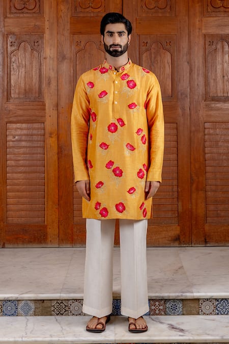 Nafs_Yellow Tussar Embroidery Floral Kurta Pant Set _Online_at_Aza_Fashions