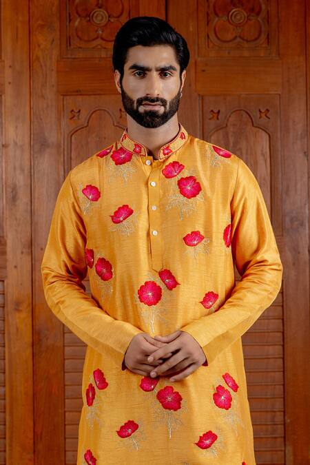 Buy_Nafs_Yellow Tussar Embroidery Floral Kurta Pant Set _Online_at_Aza_Fashions