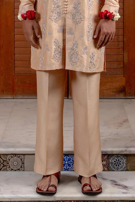 Nafs_Peach Tussar, Silk Embroidery Potli Buttoned Kurta And Flared Pant Set _Online_at_Aza_Fashions