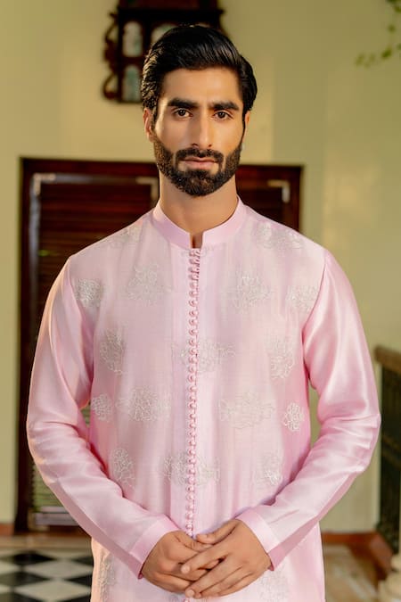 Buy_Nafs_Pink Chanderi , Chanderi, Embroidery Potli Buttoned Kurta And Pant Set _Online_at_Aza_Fashions