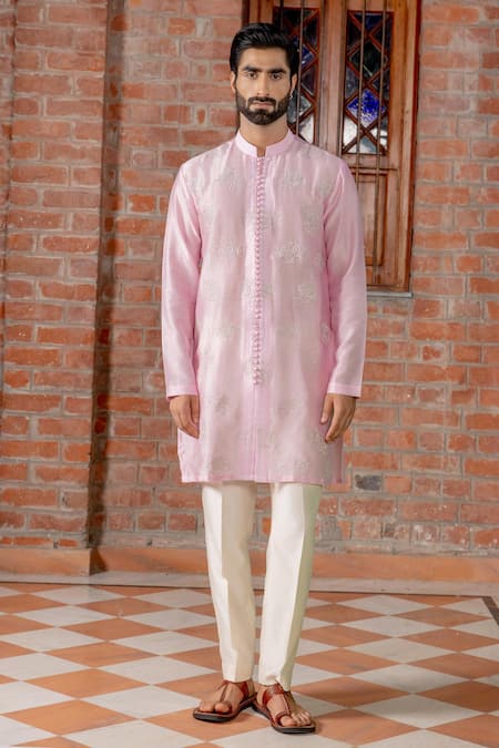 Nafs Pink Chanderi , Chanderi, Embroidery Potli Buttoned Kurta And Pant Set 