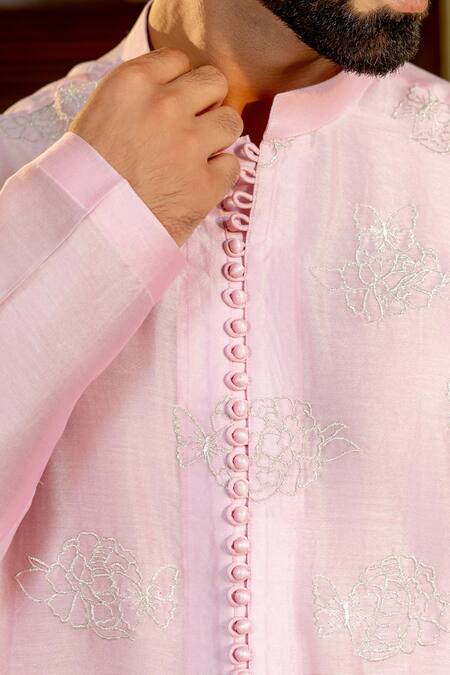 Shop_Nafs_Pink Chanderi , Chanderi, Embroidery Potli Buttoned Kurta And Pant Set _Online_at_Aza_Fashions