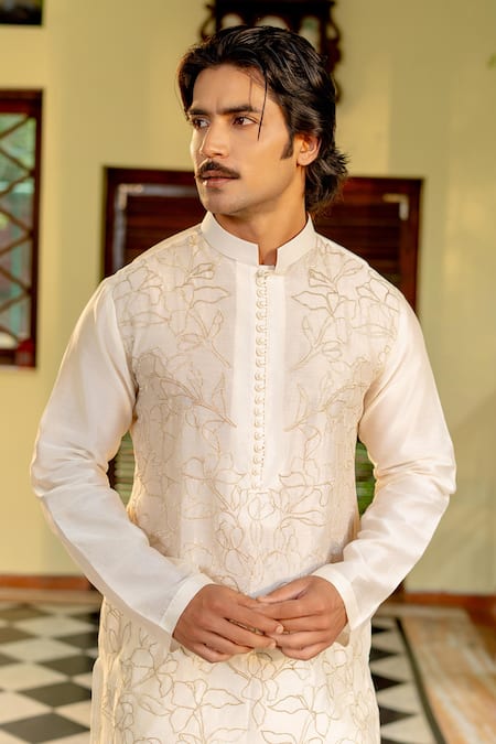 Buy Nafs Off White Chanderi Silk Embroidery Ivory Potli Button Kurta And Pant Online at Aza Fashions Buy_Nafs_Off White Chanderi Silk Embroidery Ivory Potli Button Kurta And Pant _Online_at_Aza_Fashions