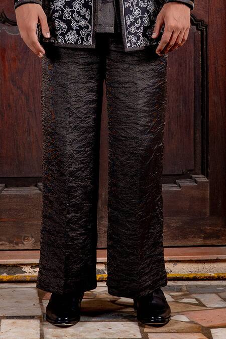 Nafs_Black Tussar Zari, Embroidery Silk Jacket Set _Online_at_Aza_Fashions