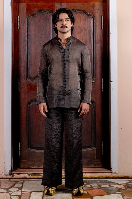 Buy_Nafs_Black Tussar Zari, Embroidery Silk Jacket Set _Online_at_Aza_Fashions