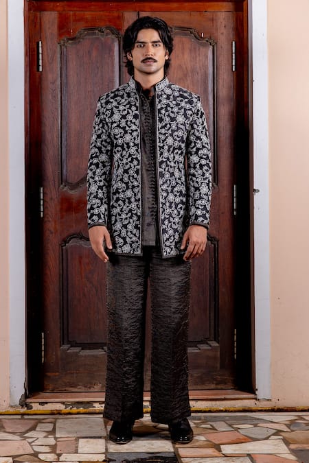 Shop_Nafs_Black Tussar Zari, Embroidery Silk Jacket Set _Online_at_Aza_Fashions