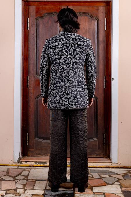 Nafs_Black Tussar Zari, Embroidery Silk Jacket Set _at_Aza_Fashions