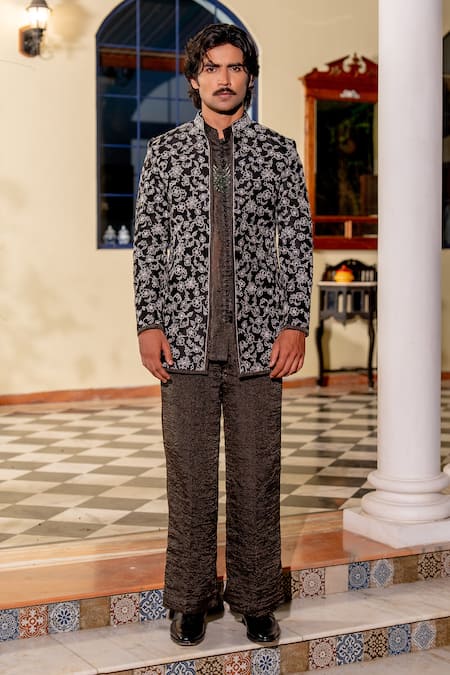 Shop_Nafs_Black Tussar Zari, Embroidery Silk Jacket Set 