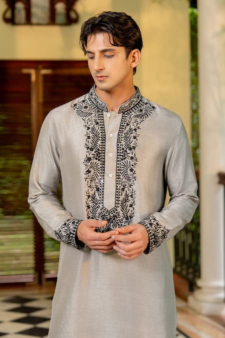 Nafs Slate Grey Tussar Silk Kurta & Pant Set 