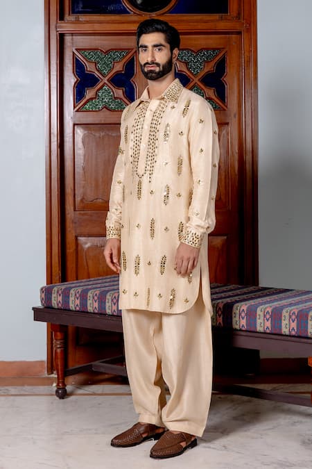 Nafs Beige Tussar, Silk Mirrors Pathani Set 