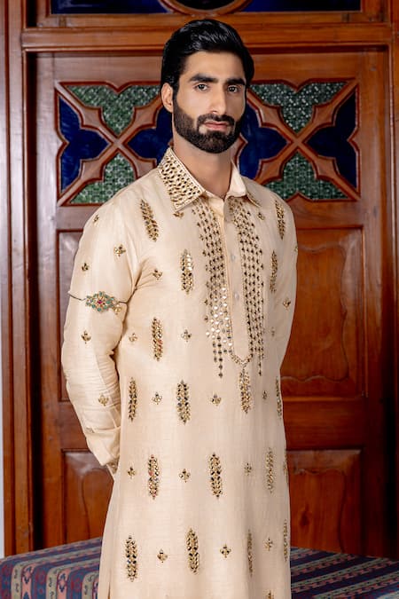 Buy_Nafs_Beige Tussar, Silk Mirrors Pathani Set _Online_at_Aza_Fashions