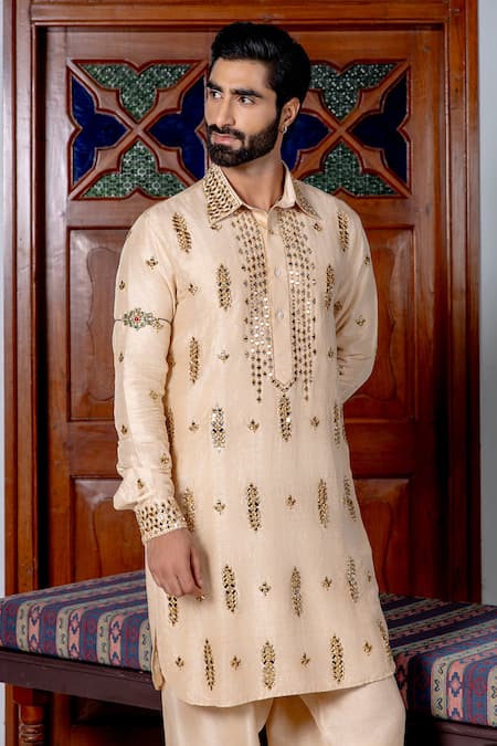 Shop_Nafs_Beige Tussar, Silk Mirrors Pathani Set _Online_at_Aza_Fashions