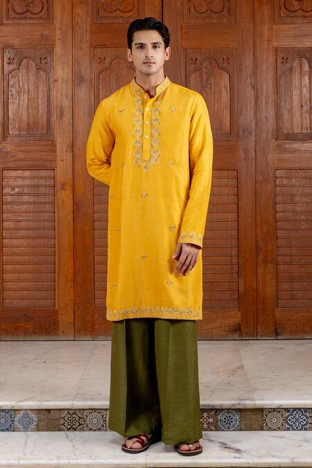 Buy Nafs Yellow Tussar Embroidery, Zari Amber Silk Kurta Set Online at Aza Fashions Buy_Nafs_Yellow Tussar Embroidery, Zari Amber Silk Kurta Set _Online_at_Aza_Fashions