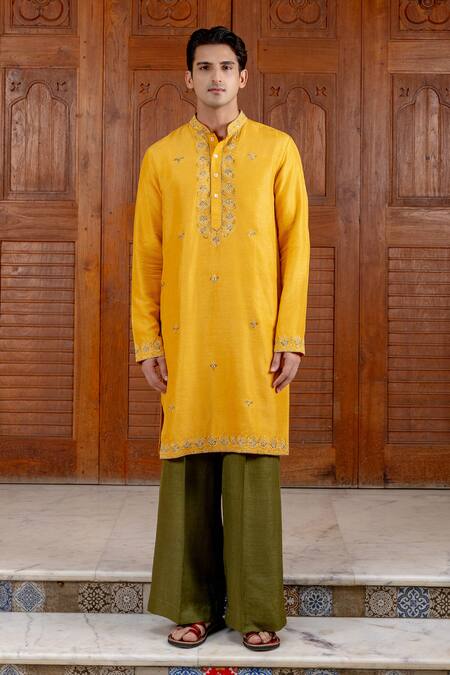 Shop Nafs Yellow Tussar Embroidery, Zari Amber Silk Kurta Set Online at Aza Fashions Shop_Nafs_Yellow Tussar Embroidery, Zari Amber Silk Kurta Set _Online_at_Aza_Fashions