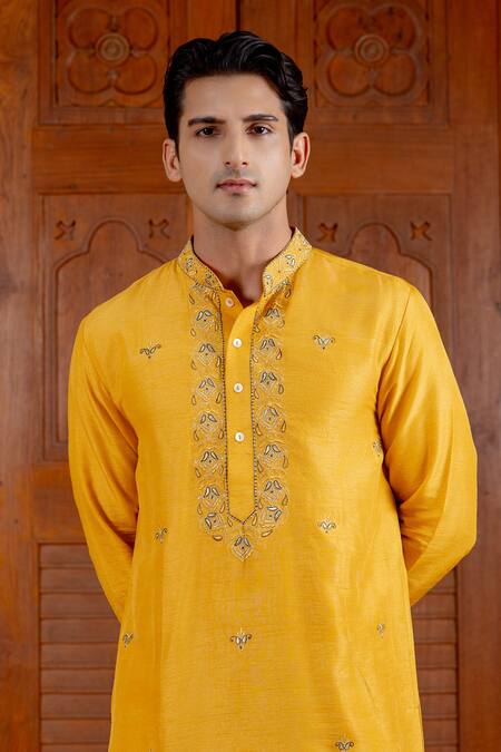 Nafs Yellow Tussar Embroidery, Zari Amber Silk Kurta Set at Aza Fashions Nafs_Yellow Tussar Embroidery, Zari Amber Silk Kurta Set _at_Aza_Fashions