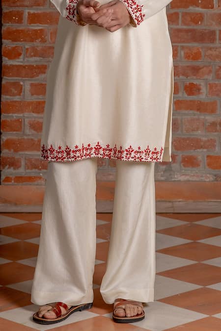 Nafs Cream Tussar, Silk Embroidery, Mirrors Ivory Kurta And Flared Pant Online at Aza Fashions Nafs_Cream Tussar, Silk Embroidery, Mirrors Ivory Kurta And Flared Pant _Online_at_Aza_Fashions