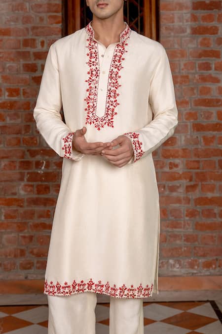 Buy Nafs Cream Tussar, Silk Embroidery, Mirrors Ivory Kurta And Flared Pant Online at Aza Fashions Buy_Nafs_Cream Tussar, Silk Embroidery, Mirrors Ivory Kurta And Flared Pant _Online_at_Aza_Fashions