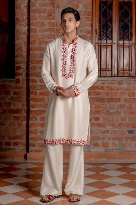 Nafs Cream Tussar, Silk Embroidery, Mirrors Ivory Kurta And Flared Pant 