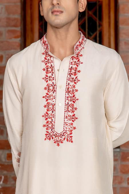 Shop Nafs Cream Tussar, Silk Embroidery, Mirrors Ivory Kurta And Flared Pant Online at Aza Fashions Shop_Nafs_Cream Tussar, Silk Embroidery, Mirrors Ivory Kurta And Flared Pant _Online_at_Aza_Fashions
